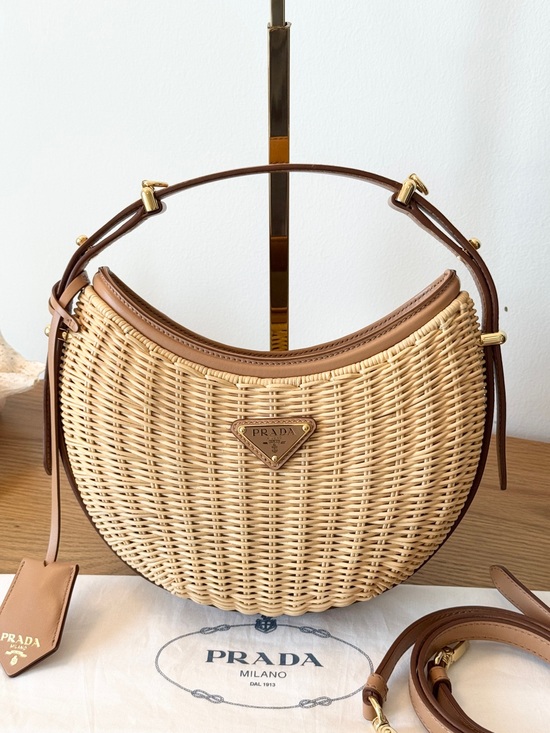 Prada Handbags - PRADA Wicker and Leather Arqué Top Handle Bag